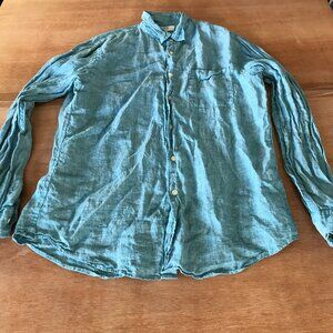 Uniqlo 100% Linen Shirt Men L Blue Button Up Pocket Long Sleeve Collared 17878